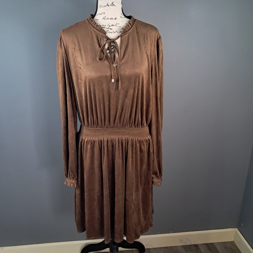 Tommy Hilfiger Brown Faux-Suede Long Sleeve Tie Neck Dress Size 12